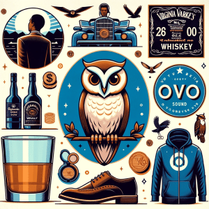 A collage highlighting Drake's business ventures, featuring logos of OVO Sound, Virginia Black Whiskey, and October's Very Own clothing line, symbolizing his entrepreneurial success and brand diversity.