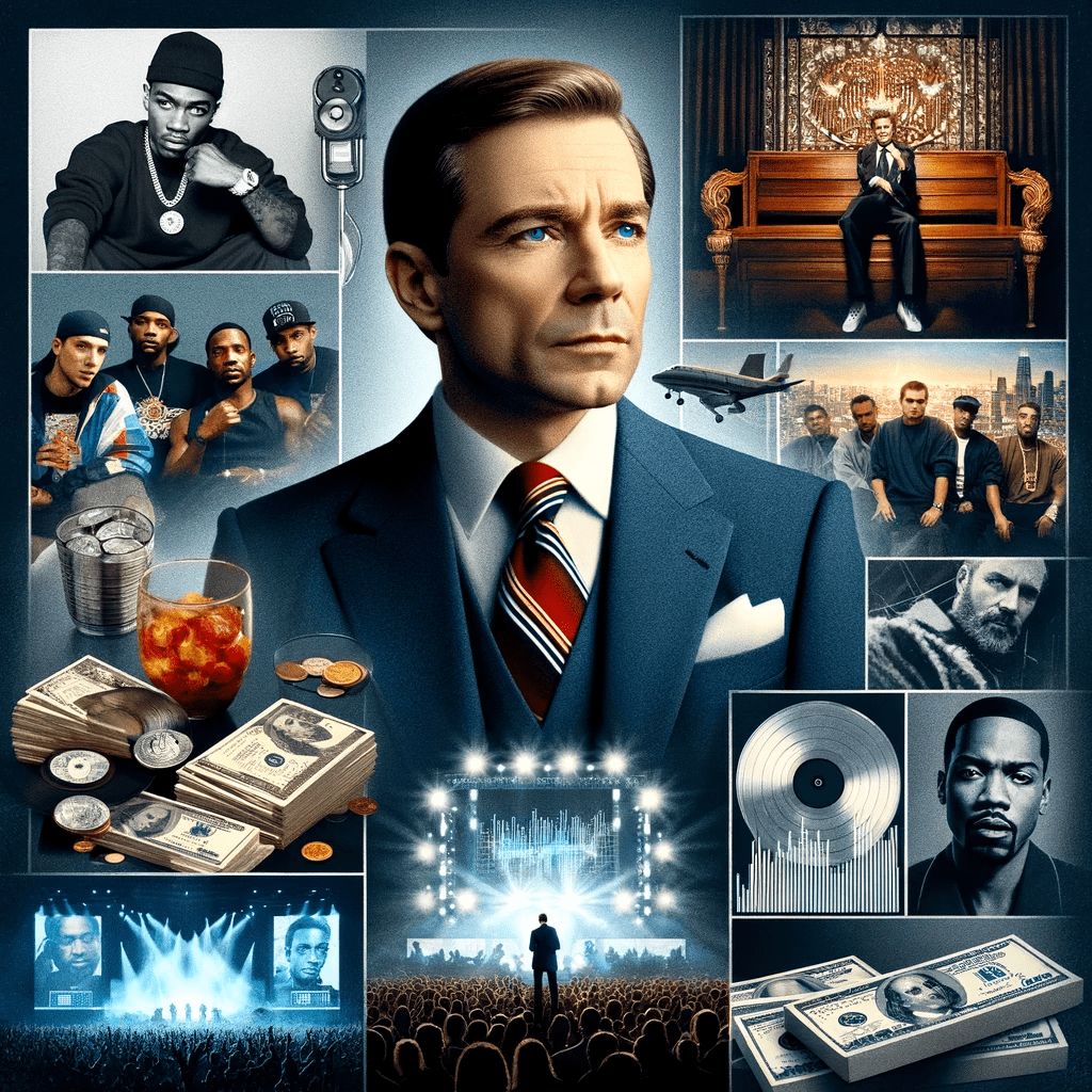 Collage of Eminem with images of his albums, '8 Mile' movie scene, concert stage, and symbols of wealth, showcasing his diverse sources of income and success