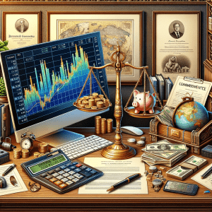 An intricately detailed illustration of a financial analyst's workspace, filled with tools for calculating net worth: a computer with stock market graphs, a calculator, financial documents, and a symbolic scale balancing a piggy bank and cash. The background features a globe and a framed philanthropic commendation, representing international investments and charitable activities