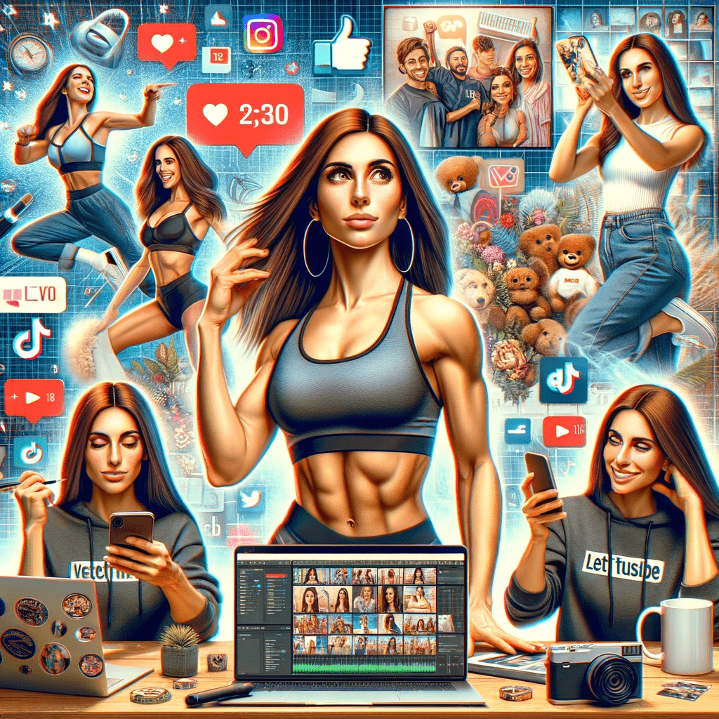 Collage of Lexi2Legit showcasing her social media engagement on Instagram and TikTok, brand promotion activities, YouTube channel highlights, and her merchandise line, illustrating her multifaceted career as an influencer.