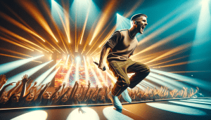 Drake performing live on stage, surrounded by dazzling stage lights and a large, enthusiastic crowd, showcasing his charisma and connection with fans during concerts.